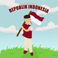 homme portant un drapeau pour célébrer la fête de l'indépendance indonésienne vecteur