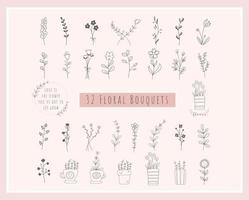 Lot de 32 bouquets de fleurs. fleurs dessinées à la main, minimaliste, fleurs sauvages vecteur