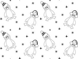 sans couture noir et blanc griffonnage modèle de marrant pingouins dans hiver Chapeaux vecteur