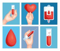 six icônes de sang de donneur vecteur