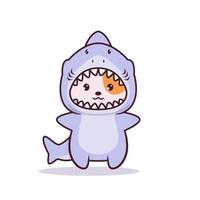 chat mignon avec illustration de costume de requin vecteur