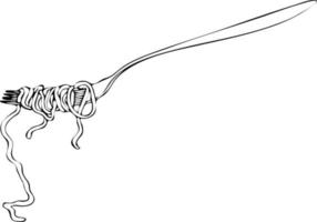 spaghetti de pâtes sur une fourchette. croquis de dessin en noir et blanc à la main. vecteur
