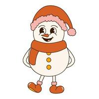 sensationnel Années 70 Noël autocollant. dessin animé personnage dans branché rétro style, bande dessinée mascotte. mignonne bonhomme de neige vecteur