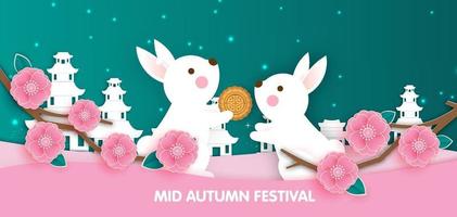 bannière du festival de la mi-automne avec des lapins mignons en papier découpé. vecteur