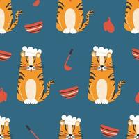 modèle sans couture de cuisine pour enfants avec personnage de tigre et articles de cuisine vecteur