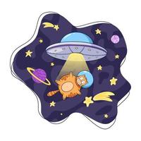 ufo et chat astronaute dans l'illustration de dessin animé de l'espace vecteur