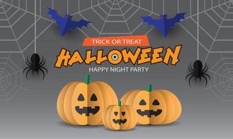 happy halloween night party citrouille araignée chauve-souris style papercut sur gris vecteur