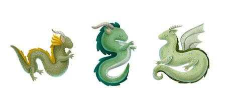 ensemble de vert dragons avec corne, pattes et oreilles de Fée contes. effrayant créatures, chinois vert Nouveau année personnage, personnages pour Jeux. dessin animé style illustration. isolé sur blanc Contexte vecteur