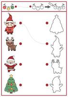 Noël forme correspondant à, coloration et dessin activité. hiver vacances puzzle avec mignonne kawaii Père Noël noël, cerf, arbre. trouver correct silhouette imprimable feuille de travail. Nouveau année page pour des gamins vecteur