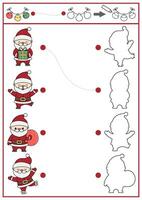 Noël forme correspondant à, coloration et dessin activité. hiver vacances puzzle avec mignonne kawaii Père Noël claus. trouver correct silhouette imprimable feuille de travail. Nouveau année page pour des gamins avec Saint Nicolas vecteur