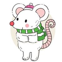 main dessiner une souris blanche mignonne de dessin animé portant un vecteur d'écharpe verte.
