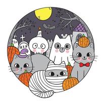dessin à la main mignon chat d'halloween et fantôme dans le vecteur de la lune.