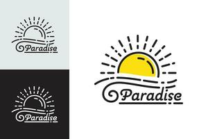 ligne art de paradis logo à le coucher du soleil avec marée océan vagues vecteur