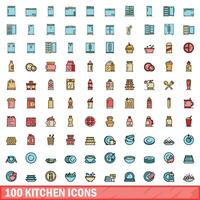 100 cuisine Icônes ensemble, Couleur ligne style vecteur
