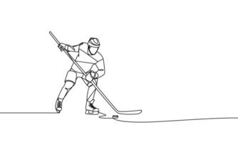 une Célibataire continu dessin de une le hockey joueur sur le glace. le hockey. un ligne dessin vecteur illustration