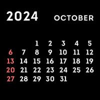 octobre 2024 mois calendrier. vecteur illustration.