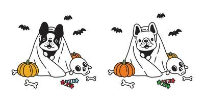 chien vecteur français bouledogue citrouille Halloween icône personnage dessin animé fantôme effrayant OS chauve souris bonbons logo symbole griffonnage illustration conception