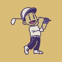 content dessin animé garçon en jouant le golf dans ancien style vecteur