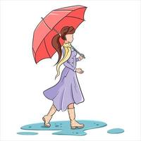 jeune fille avec un parapluie pour une promenade. pluie d'automne. style de bande dessinée. vecteur