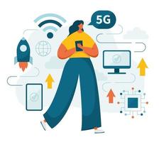 réseau 5g cinquième génération haute vitesse et femme vecteur