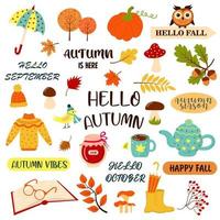 bonjour l'automne avec des phrases d'automne et des éléments de saison d'automne confortables. vecteur