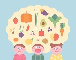 les enfants adorent les légumes et les fruits frais vecteur