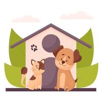 illustration mignonne de maison avec un chat, un chien, des plantes vecteur