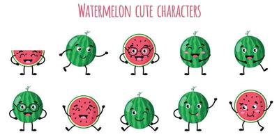 pastèque fruits mignons personnages drôles avec différentes émotions vecteur