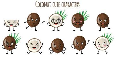 fruits de noix de coco personnages drôles mignons avec différentes émotions vecteur