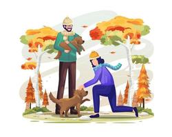 couple jouant avec des chiens en automne. illustration vectorielle vecteur