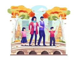 famille se promenant sur le pont du parc en automne. illustration vectorielle vecteur