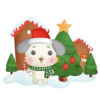 carte de Noël heureuse avec un chien mignon dans la ville de neige. vecteur