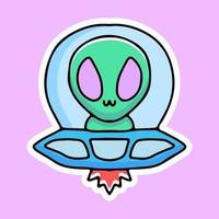 Adorable extraterrestre avec vaisseau spatial, graphisme pour t-shirt et autocollant vecteur