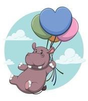 hippopotame de dessin animé mignon volant avec des ballons vecteur