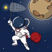 astronaute de dessin animé attrapant des étoiles avec un filet vecteur