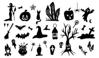 ensemble de silhouettes de style doodle cartoon dhalloween vecteur