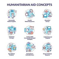 Ensemble d'icônes de concept de production d'aide humanitaire. vecteur