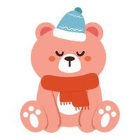 main dessin dessin animé ours portant rouge foulard. mignonne animal autocollant vecteur