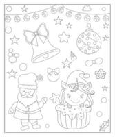 coloration page de une décoré Noël arbre avec cadeaux. vecteur noir et blanc illustration sur blanc Contexte.