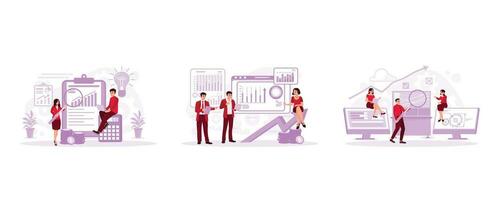 financier analyste. présent commerce électronique investissement stratégies pendant réunions. travaillé dans le serveur Les données contrôle chambre. Les données une analyse concept. ensemble tendance moderne vecteur plat illustration