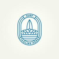 surfant minimaliste ligne art badge logo modèle vecteur illustration conception. Facile moderne surfeur, l'eau sport, planche de surf emblème logo concept