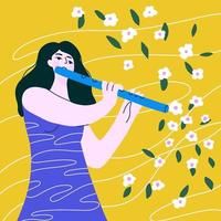 jolie fille de dessin animé jouant de la flûte, la musique est une fleur. vecteur