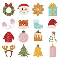 Noël de fête vecteur collection avec Noël arbre jouets, cadeau, sapin arbre, chandail, biscuits, bonbons. ensemble de hiver vacances Icônes. conception pour impressions, cartes, affiches.