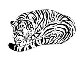 tigre mensonges recourbé en haut. noir et blanc illustration. vecteur