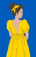 magnifique Jeune femme dans une Jaune robe sur une bleu Contexte. vecteur plat illustration..