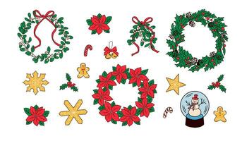 Noël isolé clipart dans plat dessin animé style. vecteur main tiré confortable hiver vacances décoration et bonbons sur blanc Contexte. bien pour Noël décoration, autocollants