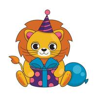 mignonne Lion dans une de fête casquette avec une cadeau et une ballon. content anniversaire. vecteur graphique.