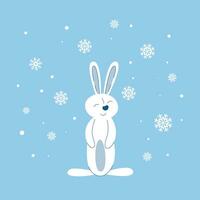 mignonne peu lapin est assis en dessous de chute neige vecteur