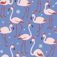 sans couture modèle avec flamants roses dans Père Noël Chapeaux sur une Contexte de flocons de neige. hiver abstrait vacances impression avec magnifique des oiseaux. vecteur graphique.