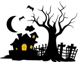 Halloween maison avec arbre et chauves-souris vecteur